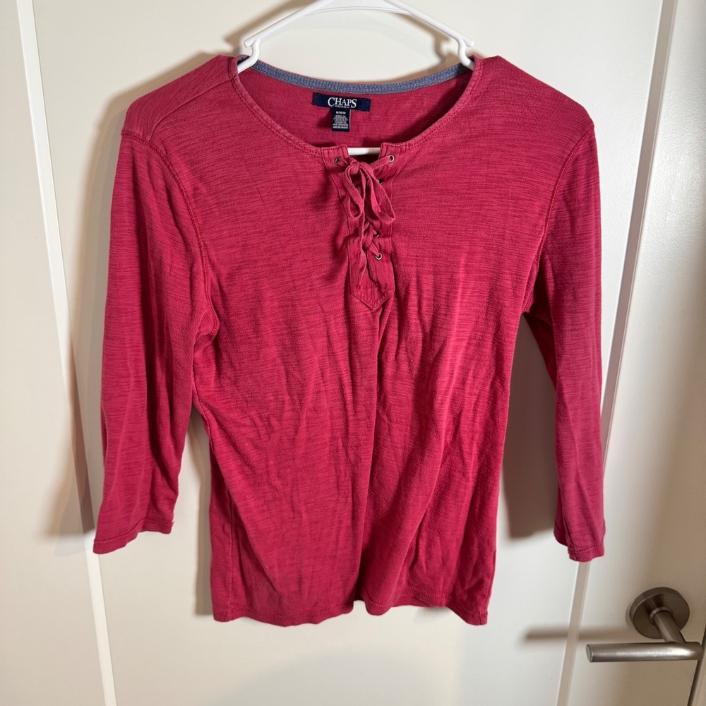 Chaps Women's Red Lace Up Henley Shirt 3/4 Sleeve Size‎ Medium